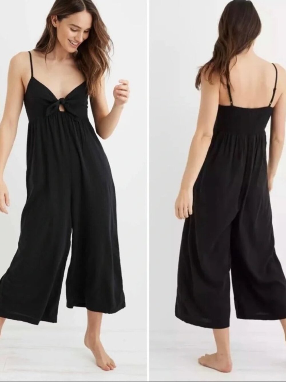 Aerie Wide Leg Jumpsuit Sz S Tie Front Black Gauze Cropped Minimalist Beach
